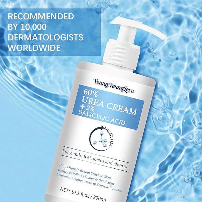 10.1 Oz - Urea Cream 60% plus Salicylic Acid 2% for Dry Cracked Feet, Heels, Knees, Elbows and Hands, Moisturizes, Softens and Removes Calluses Dead Skin
