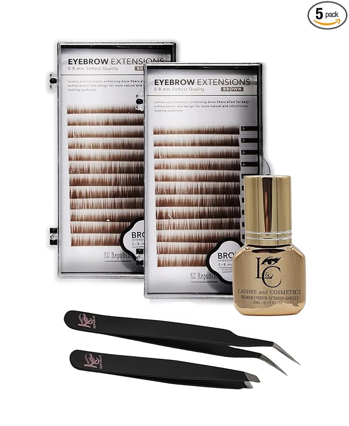 Eyebrow Extension Premium Kit with 2 Tray of Mink Eyebrows in Brown, Comes on Mixed Length Trays 5-8 mm Mix, Eyebrow Premium Glue Clear & Dual Pack (Straight & Curved Tip) Extension Tweezers