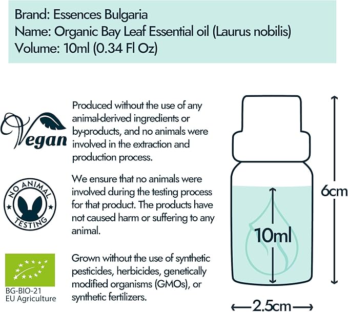 Essences Bulgaria Organic Bay Leaf Essential Oil 1/3 Fl Oz | 10ml | Laurus nobilis | 100% Pure and Natural | Undiluted | Therapeutic Grade | Family Owned Farm | Steam-Distilled | Non-GMO | Vegan