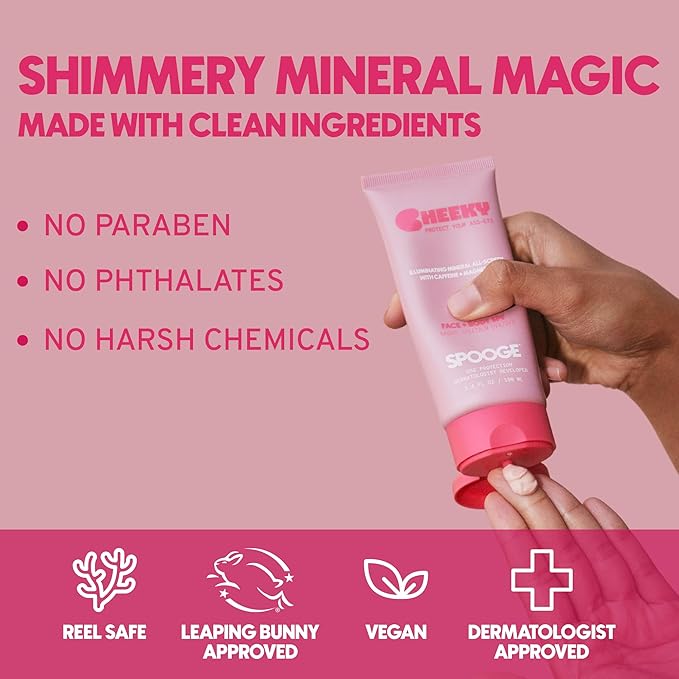 Cheeky | Shimmer Mineral Sunscreen SPF 30 | Zinc Oxide Sunblock | Glitter Sunscreen For Face & Body | Caffeine Infused Formula | Dermatologist Developed | Reef Safe Sunblock | 3.4oz