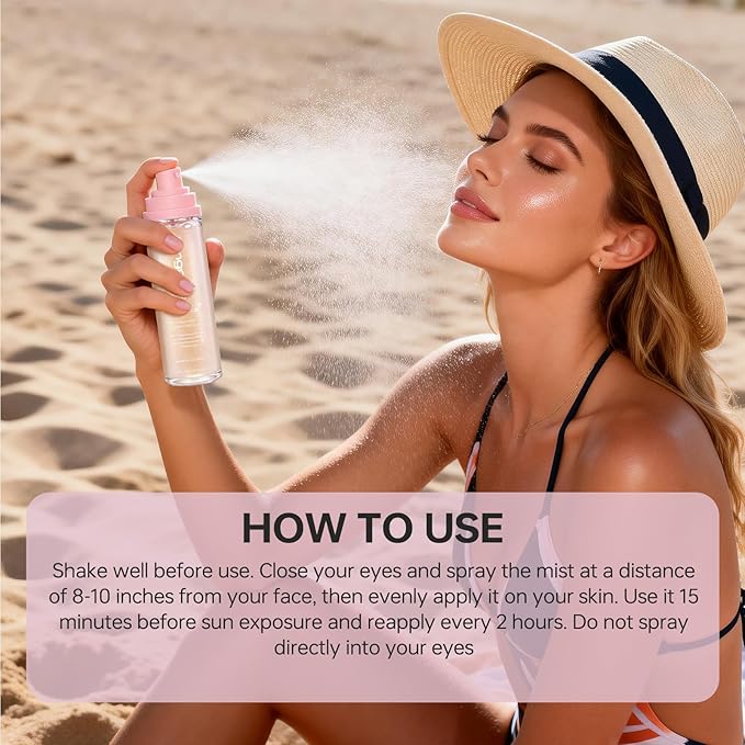 Sheer Setting Mist Sunscreen SPF 50, Broad Spectrum Shimmering Body Oil Mist for Face & Body, Hydrating Makeup-Friendly, Reef-Safe, Non-Greasy & Weightless Fast Drying for Dewy Finish (2pc)