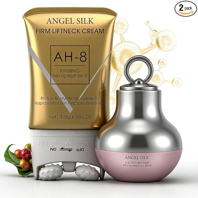 Angel Silk AH-8 Firming Neck-Eye Cream Bundle, Tightening & Revitalizing Set, Electric Massage Eye Cream with Red Light, Firm Smooth of Eye Fine Lines, Anti-Wrinkle Deep Moisturizing Skincare