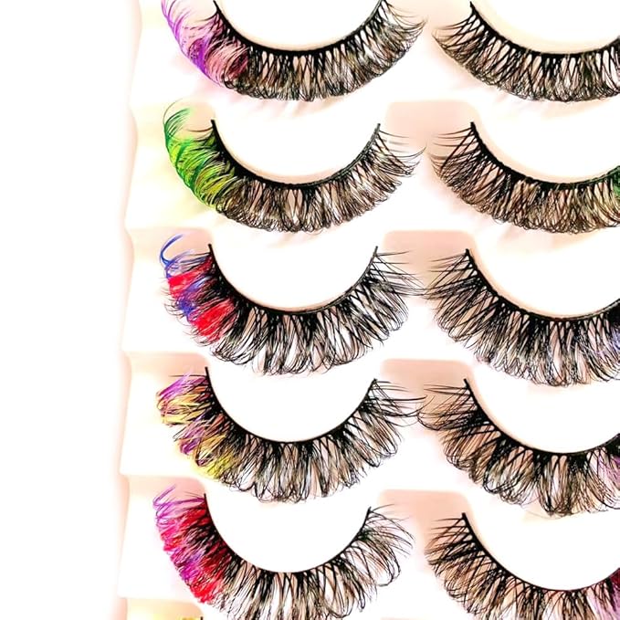 Sunniess Ombre Colored Lashes Silk Protein Fluffy Wispy Volume Fake Lashes for Halloweens Cosplay Party Stage Russian D Curl Lashes with Color Make up Faux Mink False Eyelashes