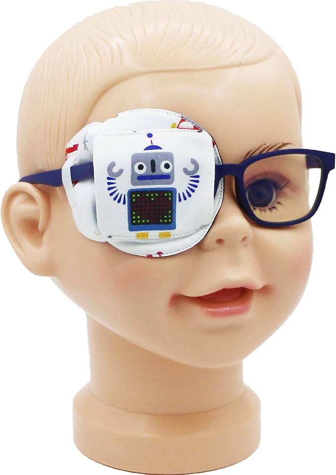 Astropic 3D Cotton & Silk Eye Patch for Kids | Boys Eye Patch for Glasses | Medical Eyepatch for Children with Lazy Eye (Gray Robot, Right Eye)