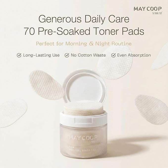 MAY COOP Raw Moisture Toner Pads | Korean Hydrating & Exfoliating Cotton Pads, 75% Maple Sap | Redness Comfort, Skin Balancing & Smooth Texture | 70 Count