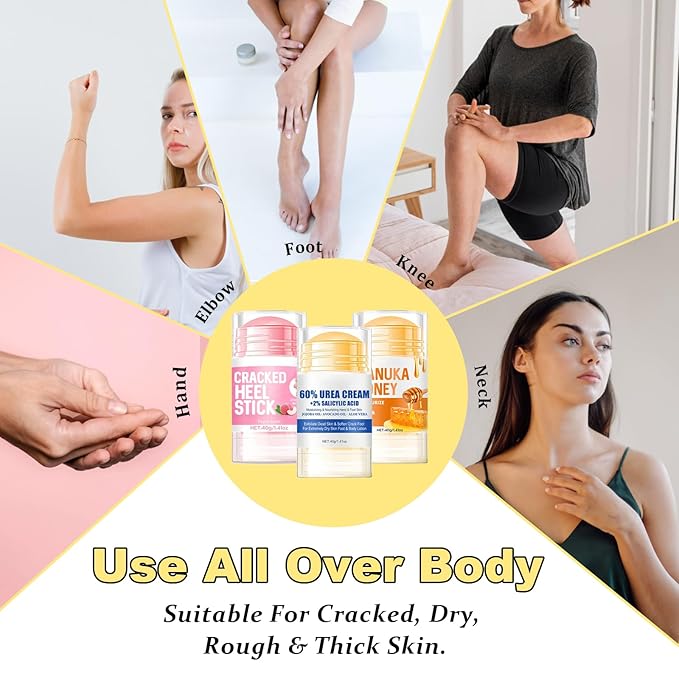 Charunee 3Pcs Cracked Heel Stick,Anti Crack Foot Cream Stick Heel Balm for Dry Cracked Feet Foot Care Cream Roll On Suitable for Women Men(Peach& Honey&Avocado)