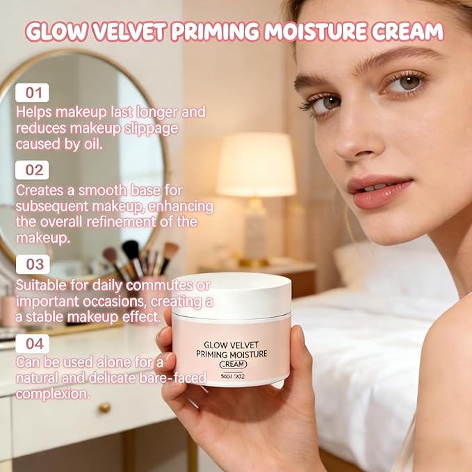 Glow Velvet Priming Moisture Cream – Korean Pore Blurring & Makeup Gripping Primer, Velvety Face Primer to Hydrate and Lock Makeup All Day, Moisturizer for All Skin Types including Mature Skin