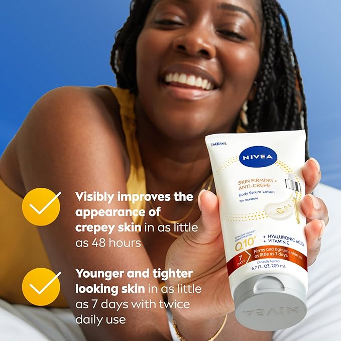 NIVEA Skin Firming & Anti Crepe Body Serum-Lotion with Q10, Hyaluronic Acid and Vitamin C, Skin Firming Body Lotion for Crepey Skin, 72-Hour Moisture, 6.7 Fl Oz Tube