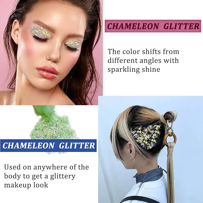 MEICOLY Lime Green Face Body Glitter,St Patricks Day Hair Glitter for Women Kids,Green Accessories Irish Parade Makeup,Spirit Day Wear Chunky Chameleon Face Glitter for Halloween Alien Makeup