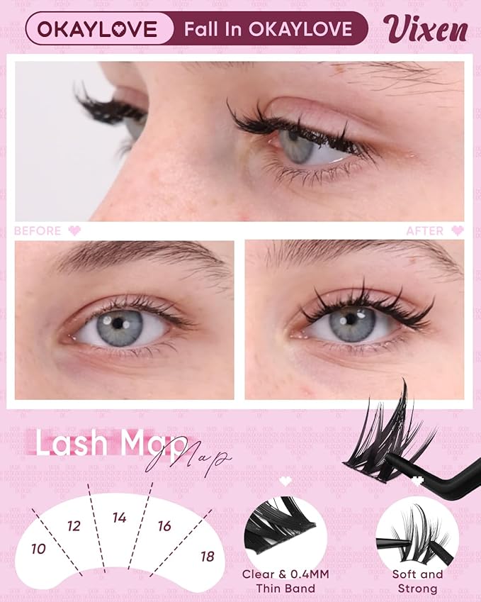 OKAYLOVE Anime Lashes Clusters Kit, Vixen 10-18mm Manga Cluster Eyelash Extensions Kit, 120pcs Fairy Wipsy Lash Clear Band Natural Eyelashes with Bond and Seal, Remover, Tweezers