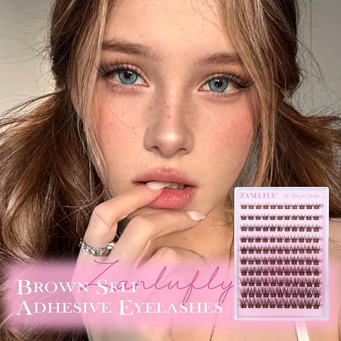 Self Adhesive Eyelashes Brown Self Adhesive Lash Clusters Natural No Glue Lashes Dark Brown Eyelash Extensions Pre-glued Eyelash Clusters Wispy Press on Individual Lashes 8-16mm by ZANLUFLY