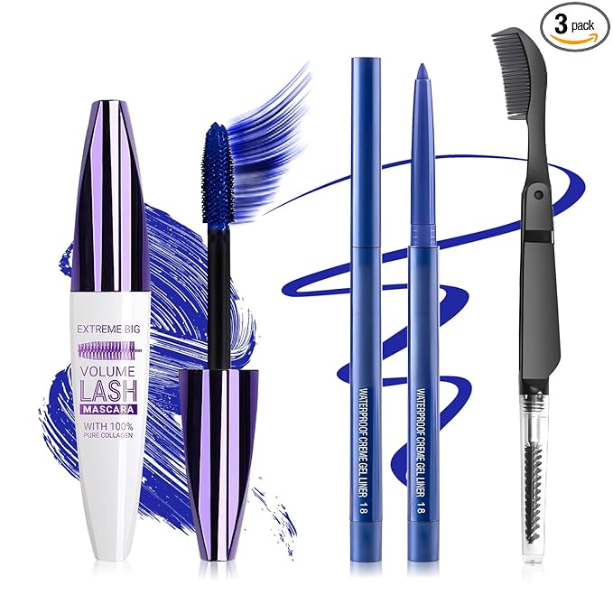 Blue Mascara and Eyeliner Set,5D Colored Mascara Volume and Length Waterproof,Natural Curling Lengthening,Suitable for Women Eye Makeup