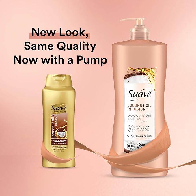 Suave Coconut Oil Damage Repair Shampoo, for Normal, Dry and Damaged Hair, with Pure Coconut Oil Infusion, 28 oz Pack of 4