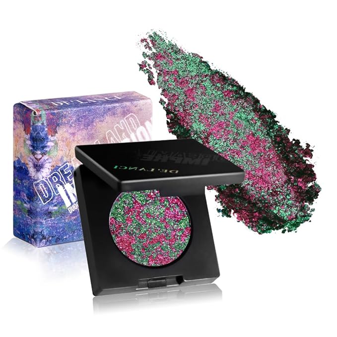 DE'LANCI Fuchsia to Green Shimmer Multichrome Eyeshadow, Intense Pigment Chameleon Sparkling Eyeshadow, Charming Aurora Iridescent Eye Shadow, Multi-Reflective Finishes Glitter Metallic Shade, 03