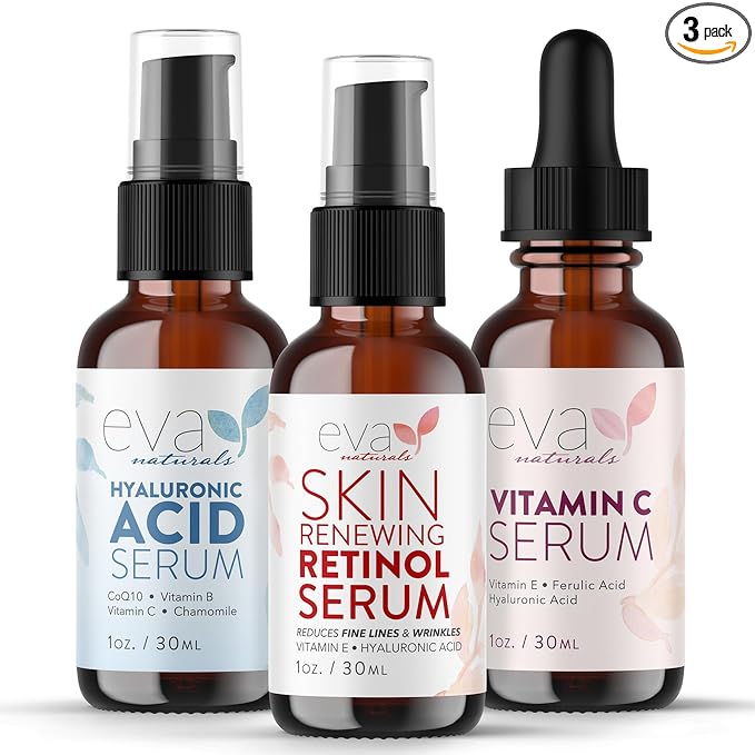 Eva Naturals Anti-Aging Serum Set – Vitamin C, Retinol & Hyaluronic Acid Serums for Face, Hydrating Bundle for Skin, Fine Lines, Wrinkles, Collagen, Firming, Plumping, Radiance & Youthful Hydration