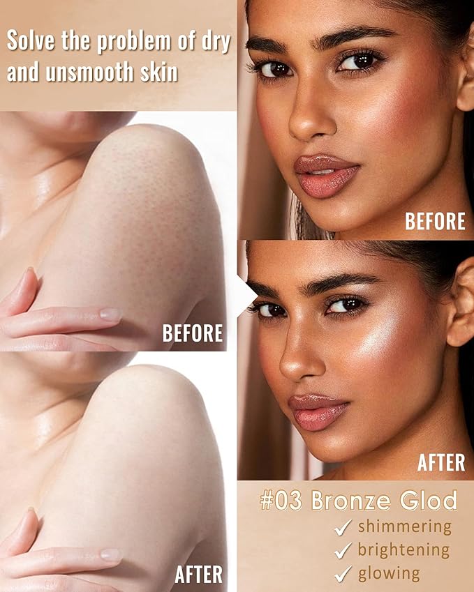 Body Shimmer Glow Oil, Waterproof Long Lasting Face Brighten Bronze Gold Luminizer, Moisturizing Hydrating Body Liquid Illuminator Highlighter Women Makeup, Diamond Face Glitter for Festive Party#03