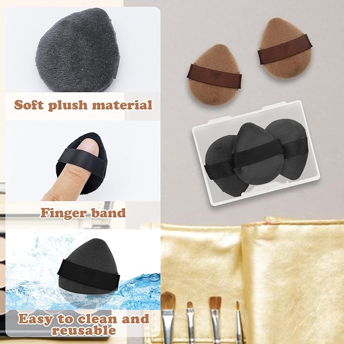 6pcs Mini Powder Puffs, Velvet Finger Powder Puffs with Travel Case, Reusable Makeup Puffs for Rouge/Highlight/Shadow, Create Natural & Delicate Look, Loose Powder Body Puffs (Black+Brown)