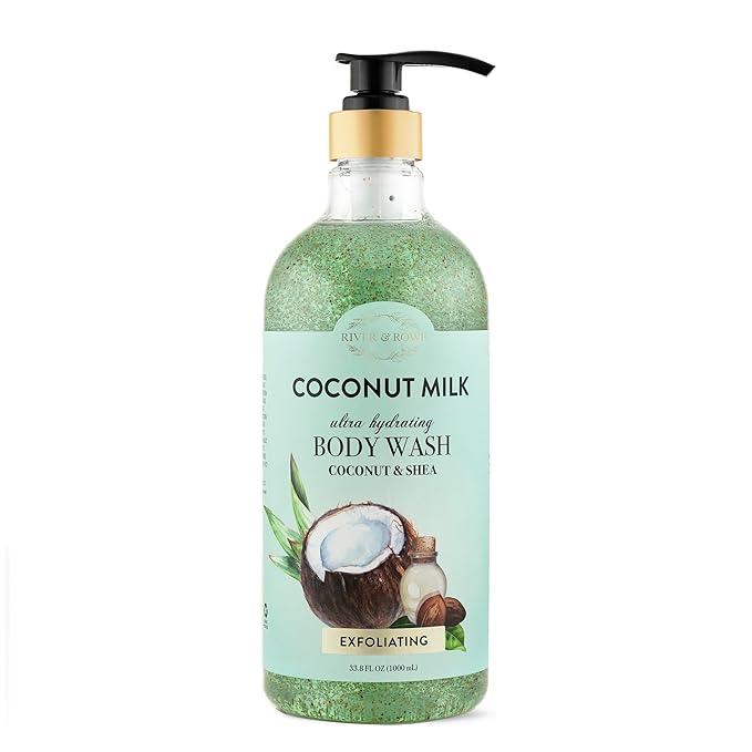 RIVER & ROWE Coconut Milk Exfoliating Body Wash – Hydrating Daily Cleanser with Coconut & Shea for a Nourishing & Silky Soft Skin Experience, Gentle Everyday Shower Gel for Women & Men, 33.8 Fl Oz