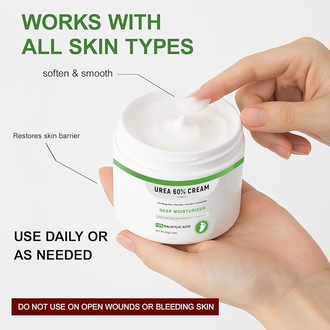 Urea Cream 60 Percent For Feet Maximum Strength Plus Salicylic Acid 2%, Tea Tree Foot Lotion For Dry Feet, Foot Cream Intensive Repair Foot Moisturizer 5.29oz