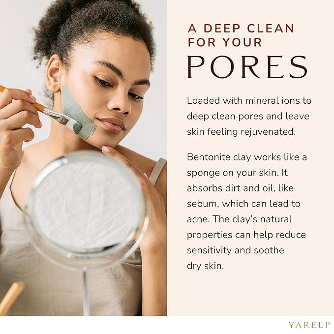 YARELI Bentonite Clay Powder Facial Mask & Cleansing Bath, Pure Indian Healing Clay, 2lb (32oz)