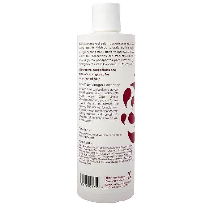 Purezero Apple Cider Vinegar Detoxifying Shampoo, 12 FZ - Detox Scalp & Hair - pH balanced -Increase Hydration - Zero Sulfates, Parabens, Dyes - 100% Vegan & Cruelty Free