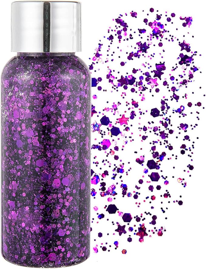 Body Glitter Gel, Mardi Gras Chunky Face Glitter Mermaid Sequins, Sparkly Hair Glitter,Singer Concert Festival Rave Accessories, Halloween Body Painting (#06 Violet)