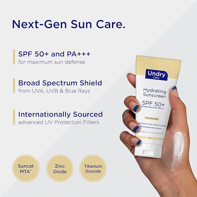 Undry Hydrating Sunscreen for Dry Skin Lightweight, Photostable Sunscreen SPF 50 Broad Spectrum Sun Screen Protector SPF 50 Sunscreen Sun Cream with HA & Ceramide (50gm/1.7 Oz)