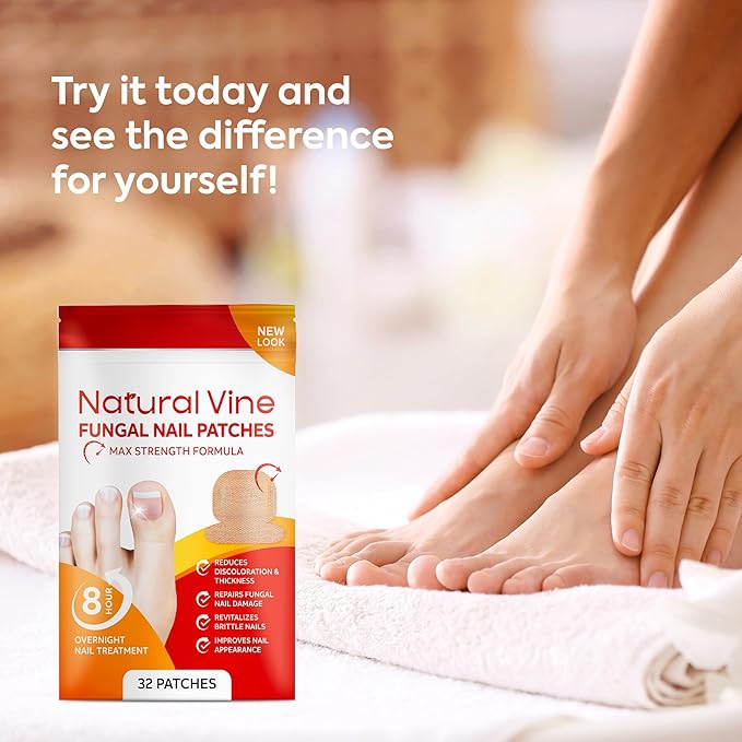 Natural Vine Fungal Nail Patches: Max Strength Formula for Toenail and Fingernails - 8-Hour Nighttime Renewal with 1% Tolnaftate - Toenail Fungus Treatment Extra Strength 32 Patches