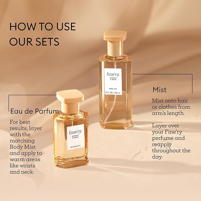 Fine'ry Without A Trace Eau De Parfum & Body Mist Gift Set | Clean & Fresh Notes Of Neroli, Cedarwood & Suede Musk | Fine Mist Spray & Perfume For Women | Fragrance Layering Duo (2oz + 5oz)