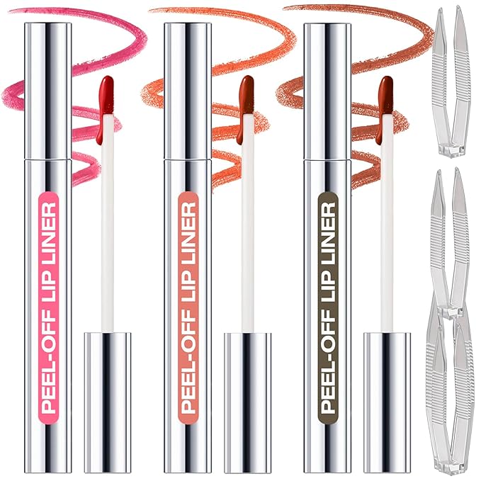 3 Colors Peel Off Lip Liner Stain with Tweezer K, Long Lasting Waterproof Lip Tint Stains Makeup Set with Matte Finish for Women, Natural Look, Easy to Use, for All Skin Types (#0,1,5)