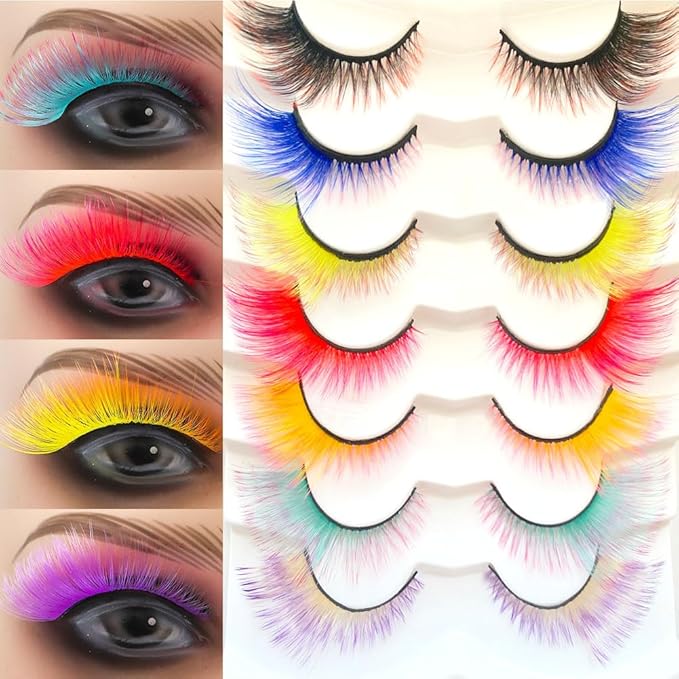 Sunniess Ombre Colored Lashes Cateye Eyelashes Fluffy Wispy Fake Lashes for Halloweens Cosplay Party Stage Make up Faux Mink False Eyelashes 7 Pairs (7ce-00)