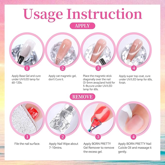 Born Pretty Spring Cat Magnetic Eye Gel Polish Set,6 Colors Pink Green Purple Crystal Jelly Shimmer Holographic Spring Summer Gel Nail Polish Kit with Magnet,DIY Manicure at Home