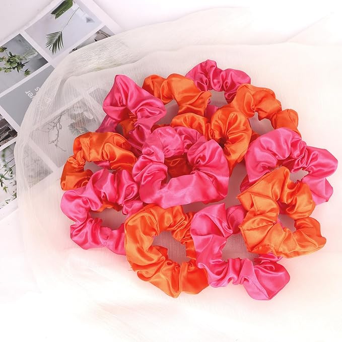Silk Satin Scrunchies for Women Girls 12 PCS Pink and Orange Hair Scrunchies Silk Satin Hair Ties for Thick Hair Bulk Hair Ties Hair Accessories