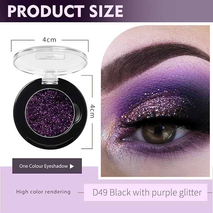 Refillable Eyeshadow Palette - Matte/Glitter/Duo-Chrome Pressed Powder & Cream Formula, Neutral/Shimmer/Smokey Multichrome, Travel-Friendly Iron Pan Refills (Glitter, D49)