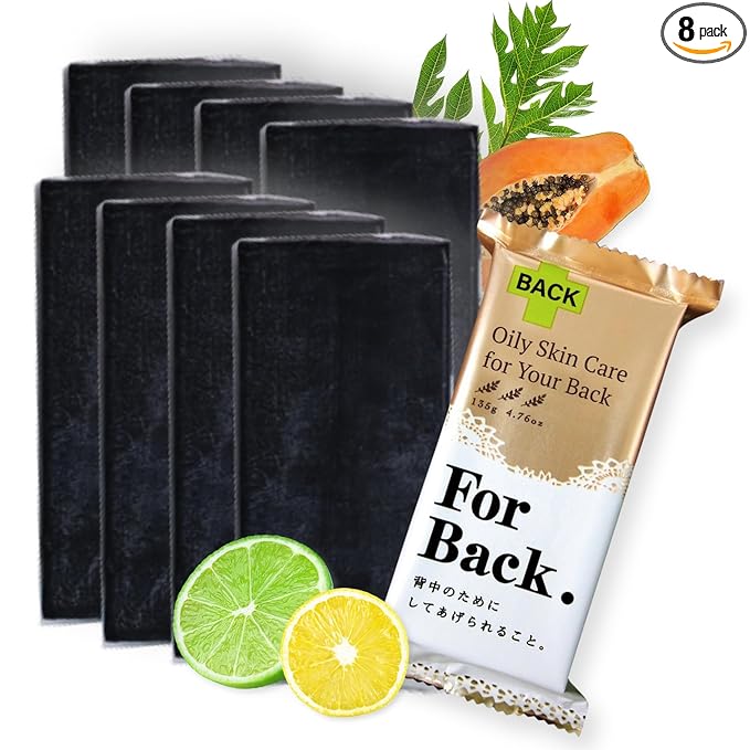 Pelican Soap Charcoal Soap Bar for Acne-Prone Skin at Back, Black Soap Bar for Men & Women with Papaya Enzyme, Natural Bar Soap for Sensitive Skin & Pore Cleansing from Japan 4.8 Oz 8 Count, FOR BACK