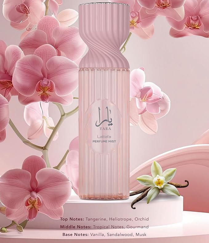 Lattafa Yara Perfume Mist 250ml – Body Spray with Tangerine, Heliotrope, Orchid, Tropical Notes, Vanilla, Sandalwood & Musk for a Soft Gourmand Floral Scent
