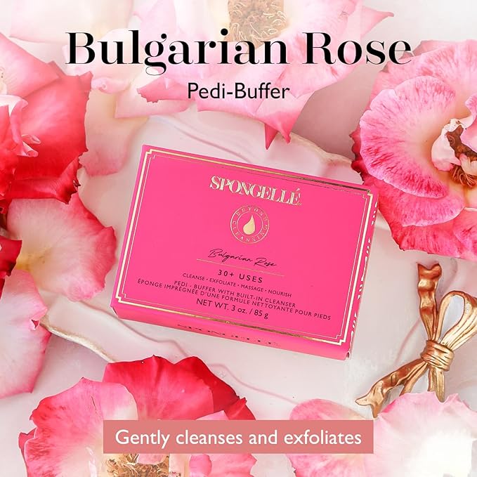 Spongellé Bulgarian Rose Pedi Buffer Bath Sponge | Exfoliating Foot & Heel Scrub | Cleanse, Exfoliate, and Nourish in One Easy Step | Cruelty-Free, Vegan, Dermatologist-Tested, Made in USA | 30+ uses
