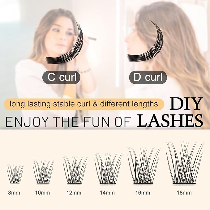 QUEWEL Cluster Lashes 72 Pcs Wide Stem Individual Lashes C/D Curl 8-16mm Length DIY Eyelash Extension False Eyelashes Natural&Mega Styles Soft for Personal Makeup Use at Home (Natural-D-18)
