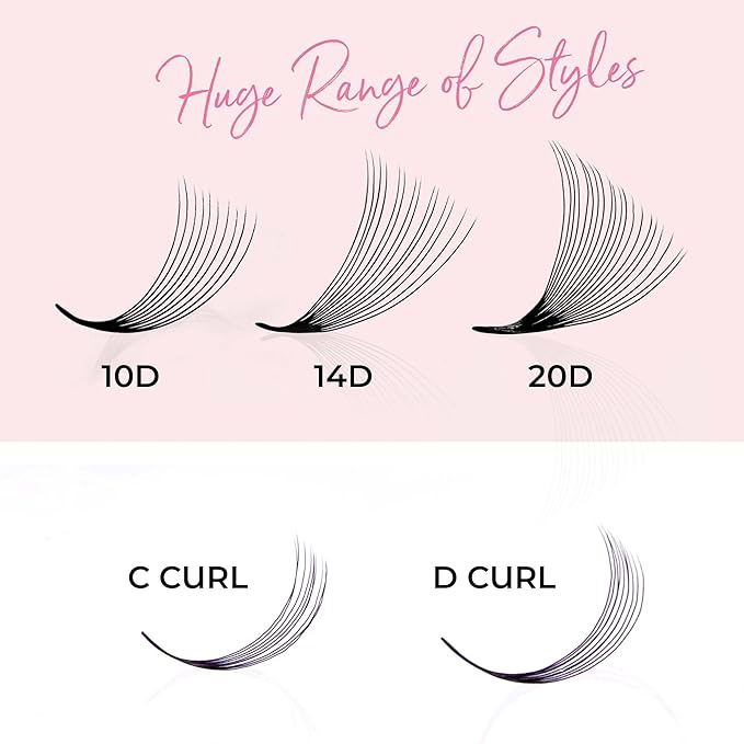 One V Salon, 1000 Loose Professional Use Premade Fans Eyelash Extensions, C Curl Volume Lashes, 10D 14D 20D-0.05 Thickness, 9-16mm Fluffy Handmade Fan Mixed Tray