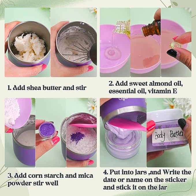 JUYRLE Body Butter Making Kit- Shea Butter Lotion Making Kit, DIY Crafts for Adults with Organic Shea Butter, Sweet Almond Oil, Mica Powder, Natural Whipped Body Butter Maker Skin Care Gifts for Women