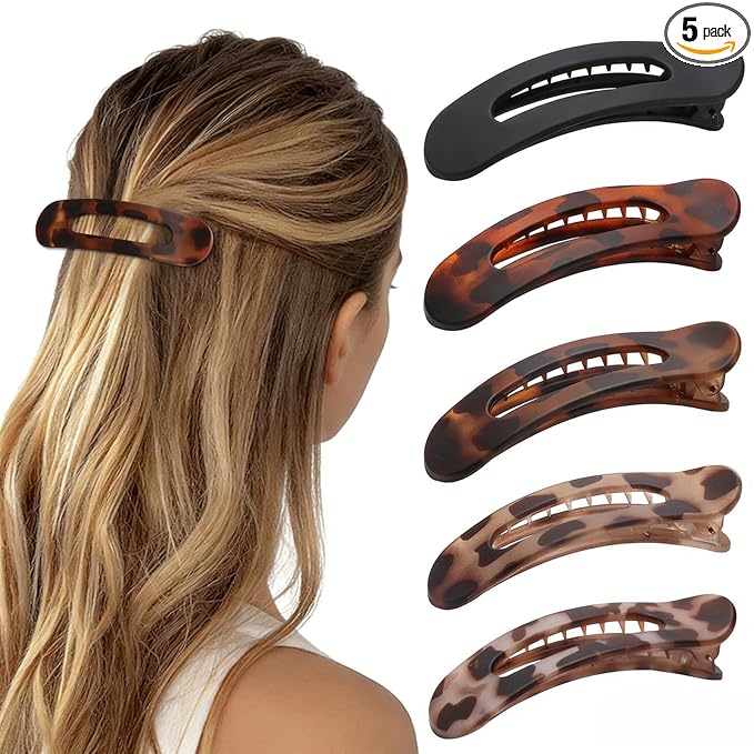 5 Pcs Flat Hair Clips, Medium Lay Flat Claw Clips for Women Girls,Strong Hold Non-slip Hair Claws for Thick Thin Hair(Matte Black&Tortoise Shell)