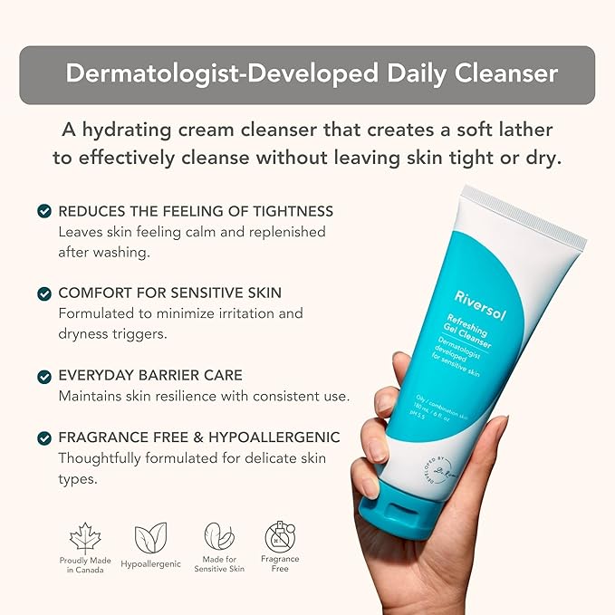 Riversol Hydrating Cream Cleanser | Gentle Face Wash for Dry & Sensitive Skin | Non-Foaming | Rosacea Face Wash | Removes Makeup | Fragrance Free | Dermatologist Developed