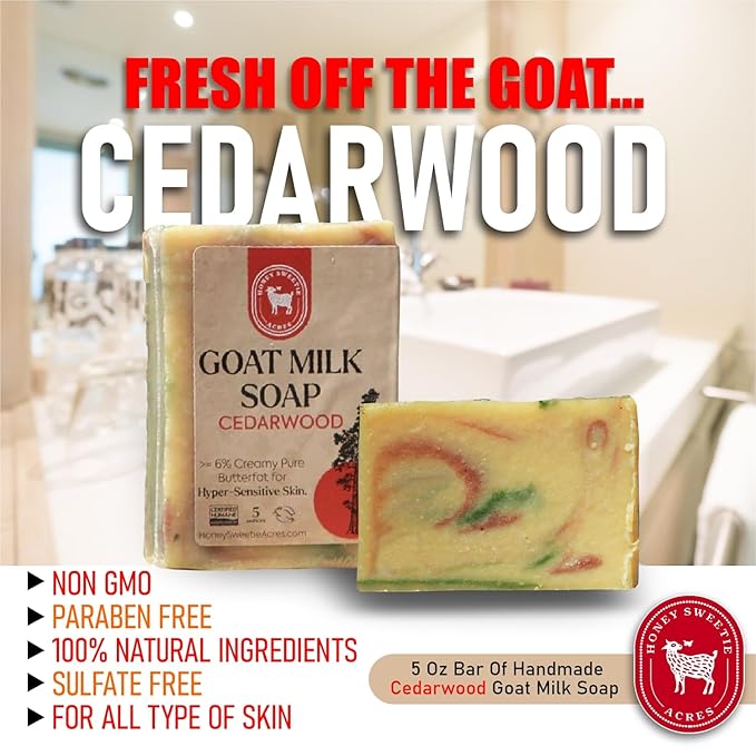 Honey Sweetie Acres 2-Pack Cedarwood Goat Milk Soap - Handmade 5 oz Bar, Made with Natural Ingredients, Moisturizing & Gentle, Made in the USA