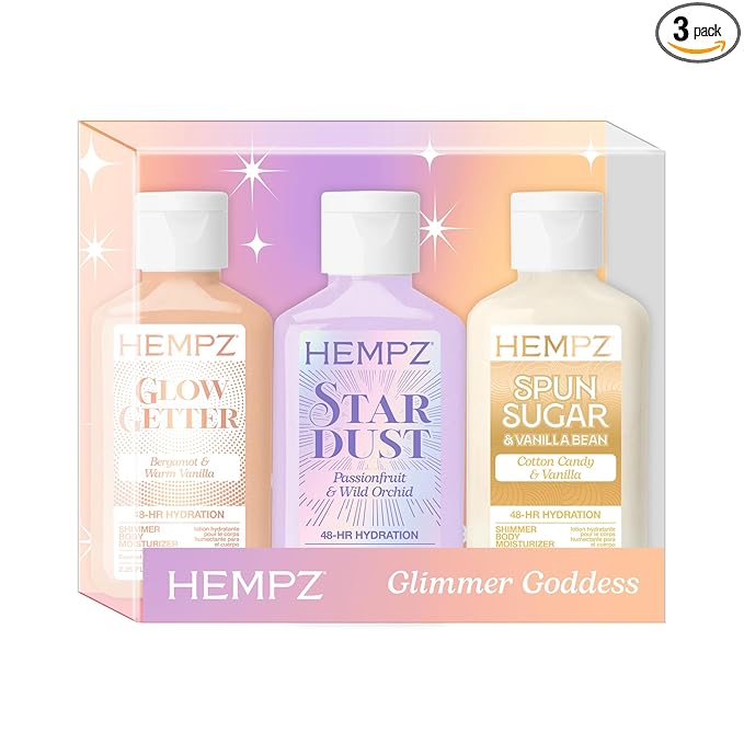 Hempz Mini Shimmer Lotion Set, Gold, Silver and Rose Gold Moisturizer, Glimmer Goddess Radiant Skin Travel Kit, 3 pack, TSA Approved, 2.25 oz