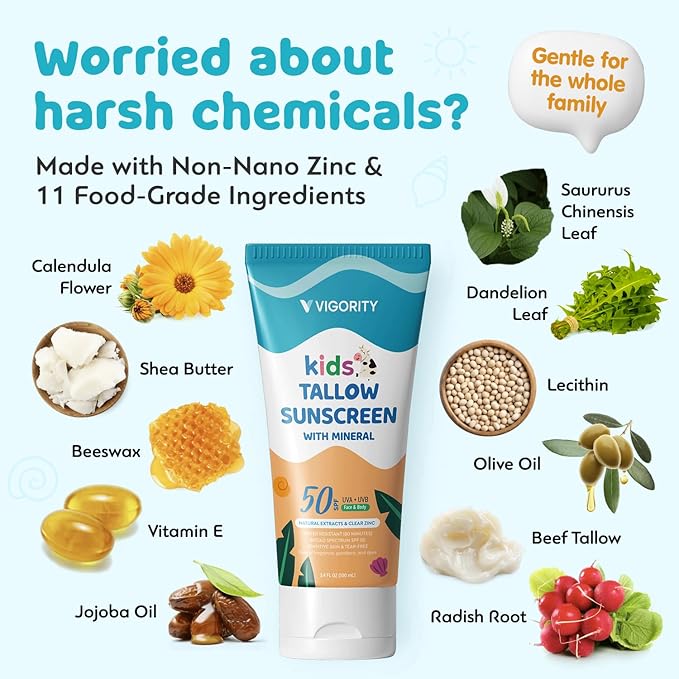 Beef Tallow Sunscreen for Kids with Zinc Oxide: Natural Non-Toxic SPF 50 Tallow Sunblock Cream - with Food-Grade Botanical Extracts - Kids & Sensitive Skin Safe, Water-Resistant - 3.4 FL OZ