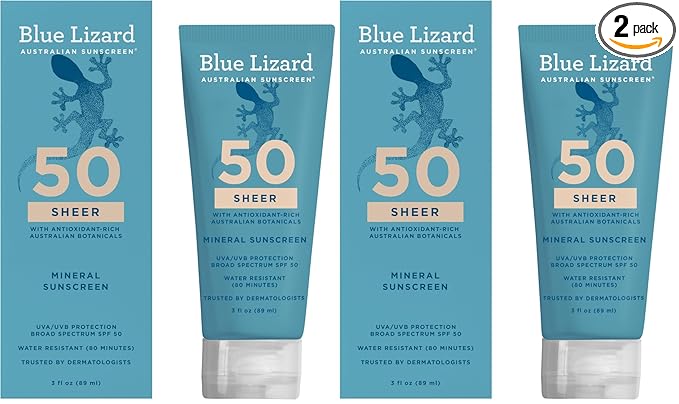 Blue Lizard Sheer Mineral SPF 50 Sunscreen Lotion, Zinc Oxide, 100% Mineral Formula, Nourishes with Australian Desert Lime and Peach, Paraben-Free, Fragrance-Free, 3 fl oz, (Pack of 2)