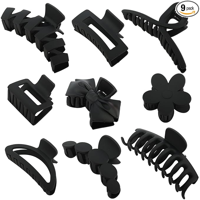Black Hair Claw Clips, Lightweight Big Strong Hold Nonslip Matte Claw for Thick Hair & Thin Hair & Curly Hair, 90's Vintage Jaw Clips, With Organza Storage Bag
