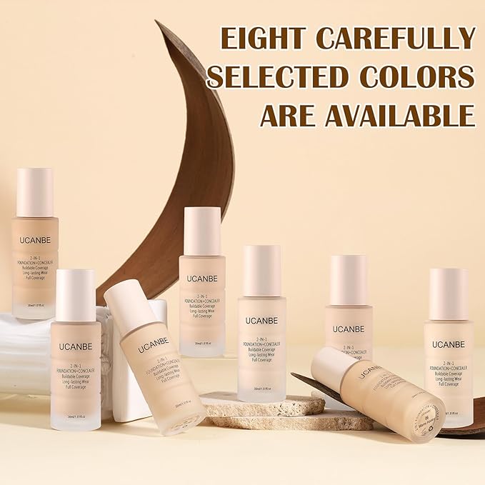 UCANBE 2-IN-1 Foundation + Concealer, Full Coverage Long-Lasting Matte Makeup for Normal, Combination and Oily Skin, Buildable Waterproof Formula with Hyaluronic Acid （04 Natural Beige）