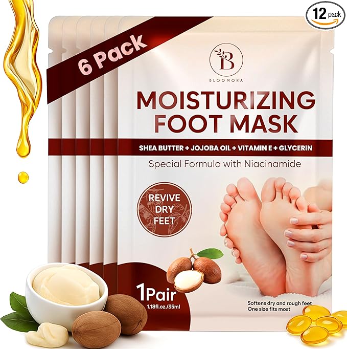 Hydrating Foot Mask for Dry Cracked Feet, Restoring & Hydrating Socks with Shea Butter, Jojoba Oil & Vitamin E, Feet Mask for Women & Men Foot Care (6 Pairs)