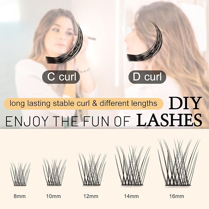 QUEWEL Lash Clusters 144 Pcs Wide Stem Individual Lashes C/D Curl 8-16mm Length DIY Lash Extension Soft False Eyelashes Wispy Cluster Lashes Easy to Create Natural Look At Home(Natural-C-MIX8-16mm)